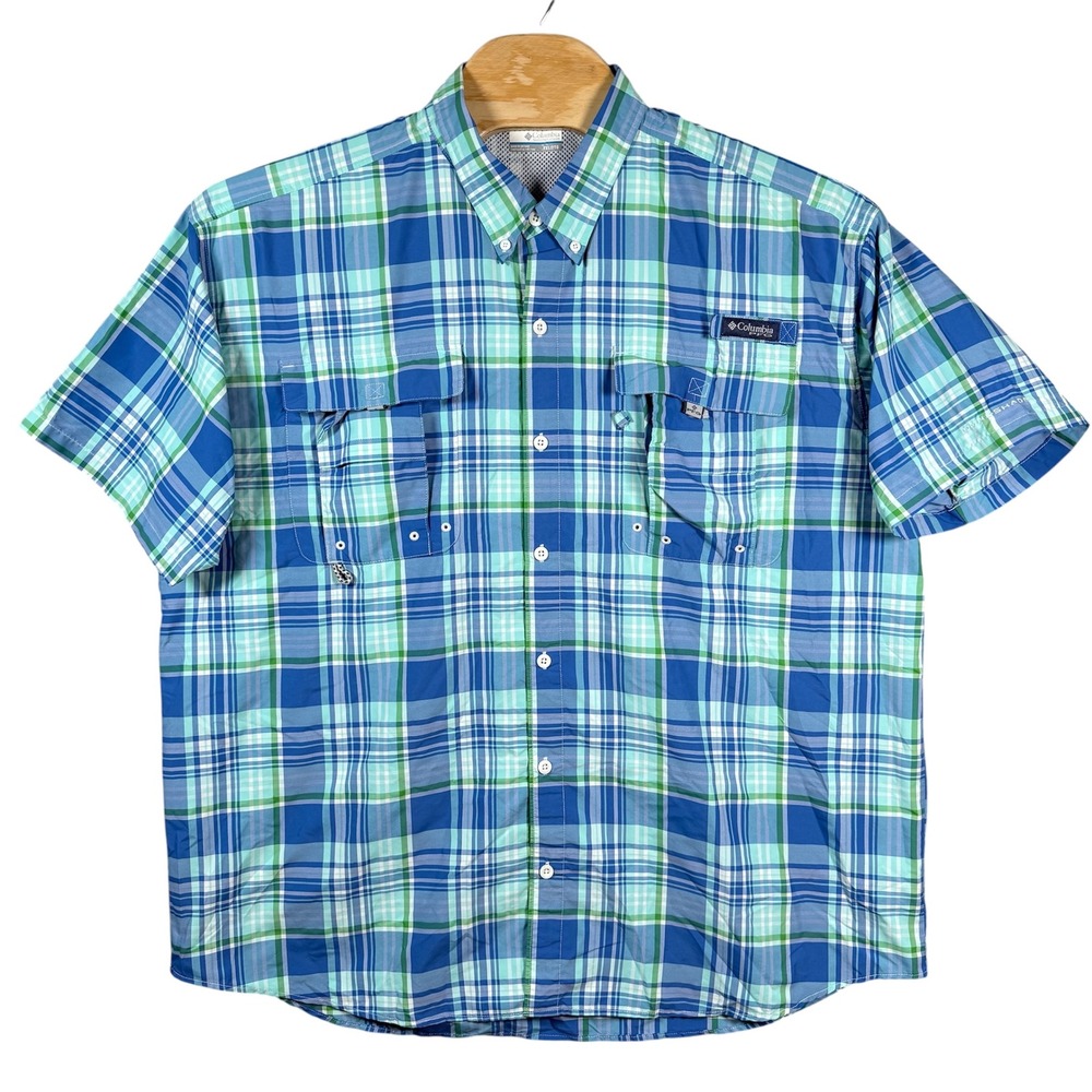 Columbia PFG Super Bahama‎ Mens XXL Blue Plaid Fishing Shirt Short Sleeve Vented